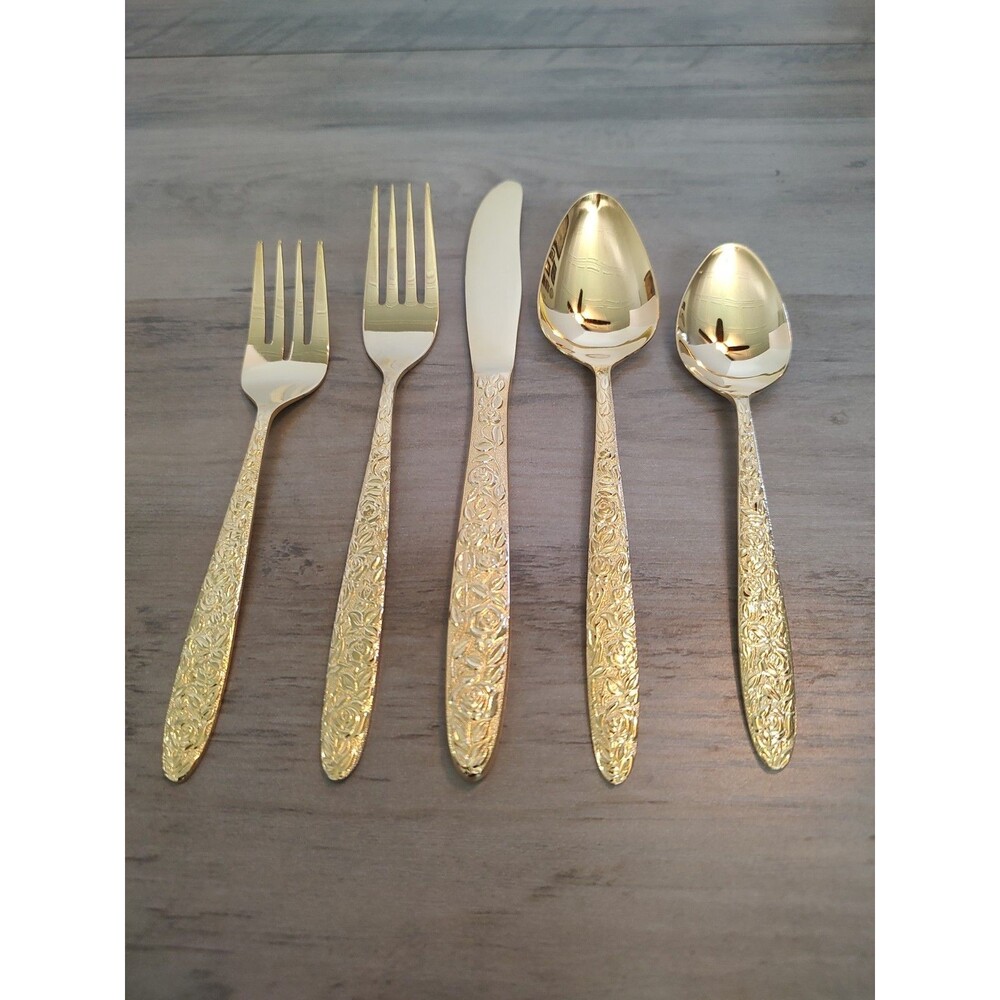 Cosmos CSM42G Golden Plantation Rose Gold Plated Flatware - 5 Pc Place Setting